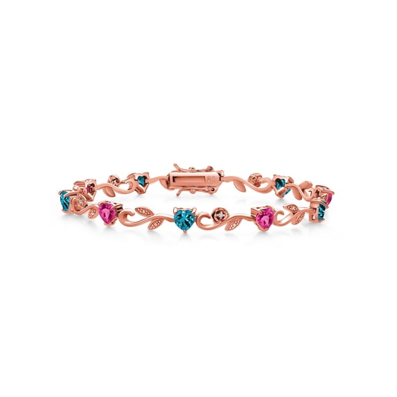 Gem Stone King 18K Rose Gold Plated Silver Heart Shape Pink Created Sapphire London Blue Topaz and Round White Lab Grown Diamond Greek Vine Flower Tennis Bracelet For Women (5.79 Cttw, 7 inch)