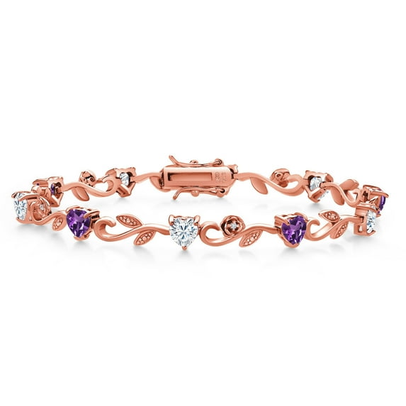 Gem Stone King 18K Rose Gold Plated Silver Heart Shape Purple Amethyst White Moissanite and Round White Lab Grown Diamond Greek Vine Flower Tennis Bracelet for Women (4.64 Cttw, 7.5 inch)