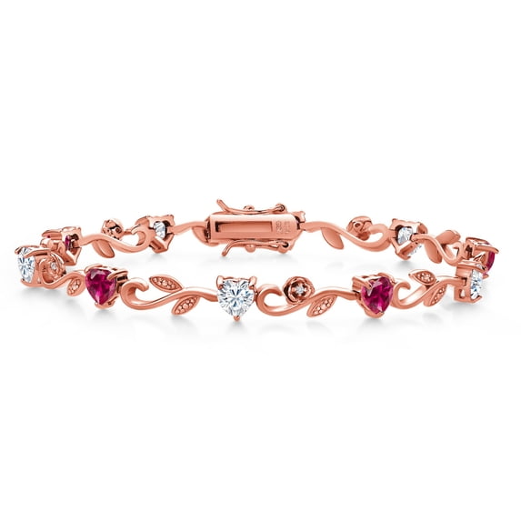 Gem Stone King 18K Rose Gold Plated Silver Heart Shape Red Created Ruby White Moissanite and Round White Lab Grown Diamond Greek Vine Flower Tennis Bracelet for Women (5.14 Cttw, 7.5 inch)