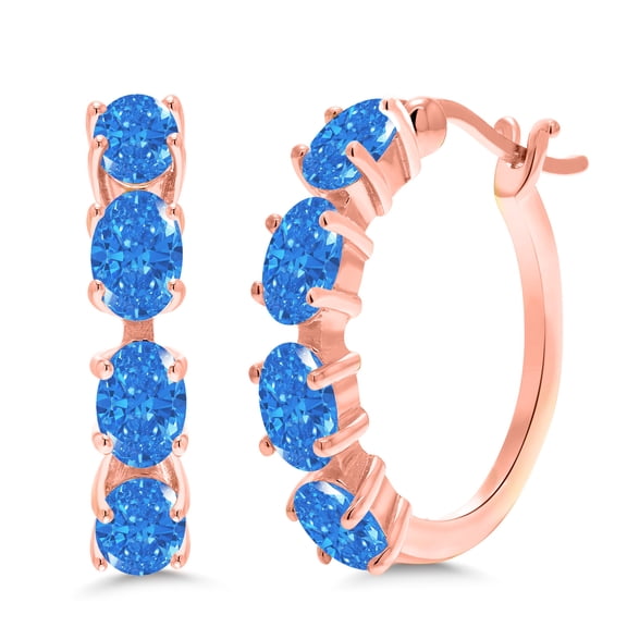 Gem Stone King 18K Rose Gold Plated Silver Hoop Earrings Set with Fancy Blue Zirconia