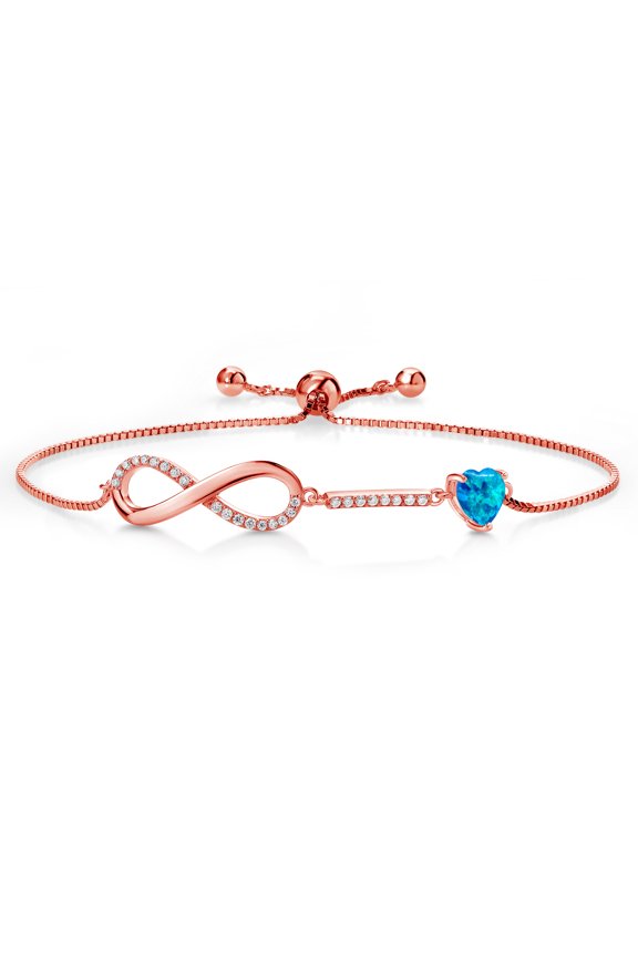 18K Rose Gold Plated Silver Infinity Bracelet for Women with Heart Simulated Opal and Moissanite (0.88 Cttw, Box Chain Fully Adjustable up to 9 inch)
