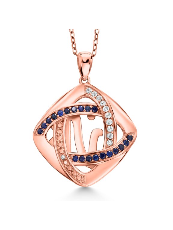18K Rose Gold Plated Silver Inter-loop Blue Created Sapphire and Accent Diamond Pendant Necklace for Women With 18 inches Silver Chain