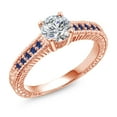 thumbnail image 1 of Gem Stone King 18K Rose Gold Plated Silver Lab Grown Diamond and Blue Created Sapphire Engagement Ring for Women | 0.94 Cttw | Round 6MM | Gemstone April Birthstone | Size 7, 1 of 5