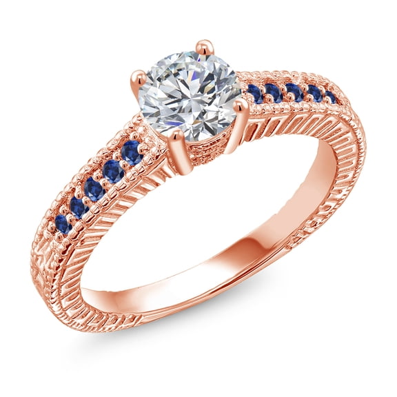 Gem Stone King 18K Rose Gold Plated Silver Lab Grown Diamond and Blue Created Sapphire Engagement Ring for Women | 0.94 Cttw | Round 6MM | Gemstone April Birthstone | Size 5
