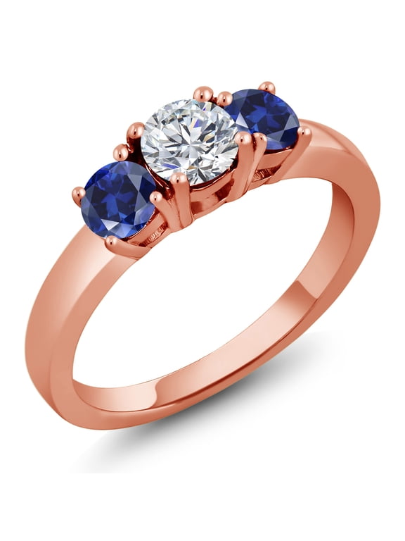 18K Rose Gold Plated Silver Lab Grown Diamond and Blue Created Sapphire Engagement Ring for Women | 1.00 Cttw | Round 5MM | Gemstone April Birthstone | Size 9