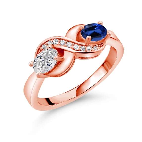 Gem Stone King 18K Rose Gold Plated Silver Lab Grown Diamond and Blue Created Sapphire and Created Sapphire Infinity Promise Ring for Women | 1.09 Cttw | Oval 6X4MM | Gemstone Birthstone | Size 8