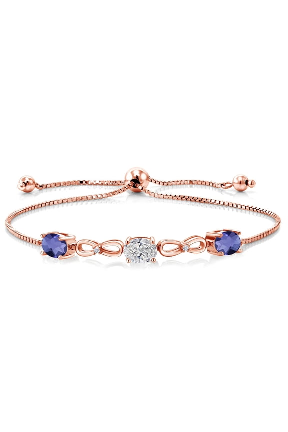 18K Rose Gold Plated Silver Lab Grown Diamond and Blue Iolite Bracelet for Women | 2.30 Cttw | Gemstone April Birthstone | Oval 7X5MM | Fully Adjustable 9 inch
