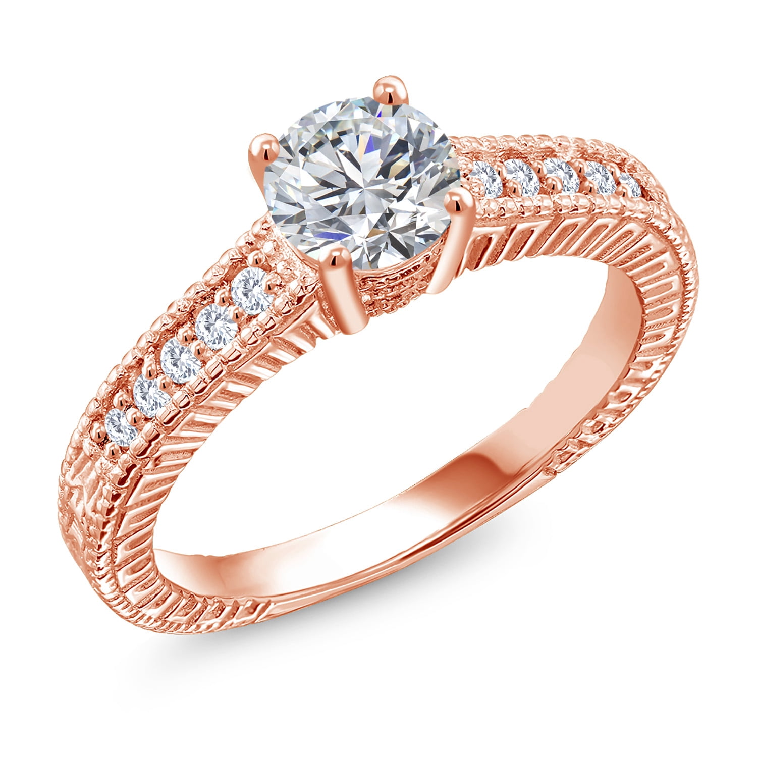 Gem Stone King 18K Rose Gold Plated Silver Lab Grown Diamond Engagement Ring for Women | 0.89 Cttw | Round 6MM | DEF Color | VVS-VS Clarity | Wedding Engagement Anniversary Ring for Women | Size 7