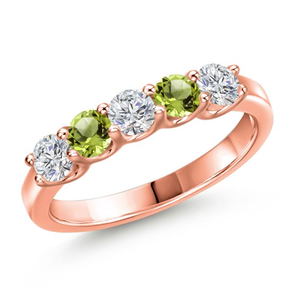 Gem Stone King 18K Rose Gold Plated Silver Lab Grown Diamond and Green Peridot Wedding-Bands Ring for Women | 0.92 Cttw | Round 3.5MM | Gemstone April Birthstone | Size 7