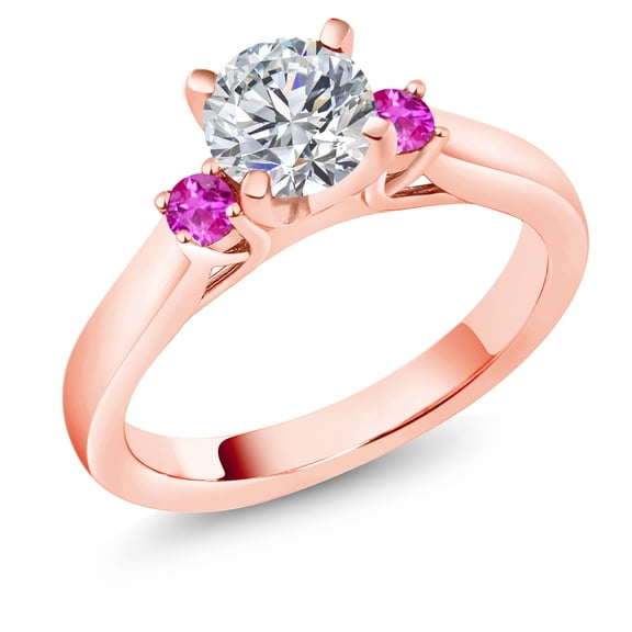 Gem Stone King 18K Rose Gold Plated Silver Lab Grown Diamond and Pink Sapphire Engagement Ring for Women | 0.84 Cttw | Round 6MM | Gemstone April Birthstone | Size 8
