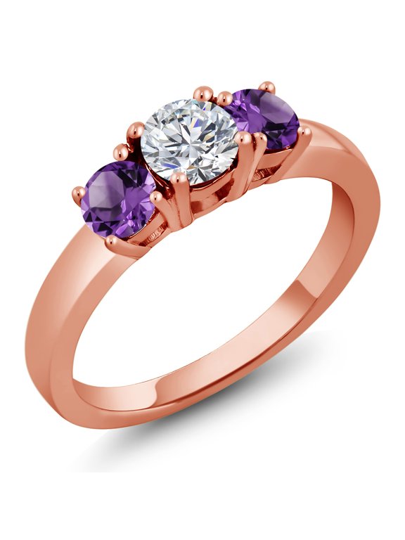 18K Rose Gold Plated Silver Lab Grown Diamond and Purple Amethyst Engagement Ring for Women | 1.00 Cttw | Round 5MM | Gemstone April Birthstone | Size 9