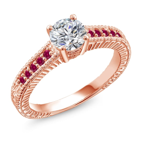 Gem Stone King 18K Rose Gold Plated Silver Lab Grown Diamond and Red Created Ruby Engagement Ring for Women | 0.89 Cttw | Round 6MM | Gemstone April Birthstone | Size 5