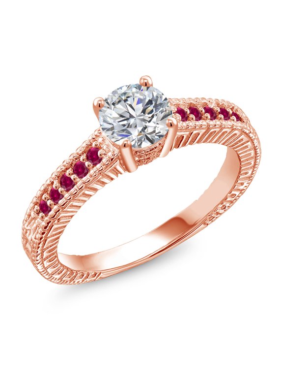 18K Rose Gold Plated Silver Lab Grown Diamond and Red Created Ruby Engagement Ring for Women | 0.89 Cttw | Round 6MM | Gemstone April Birthstone | Size 5
