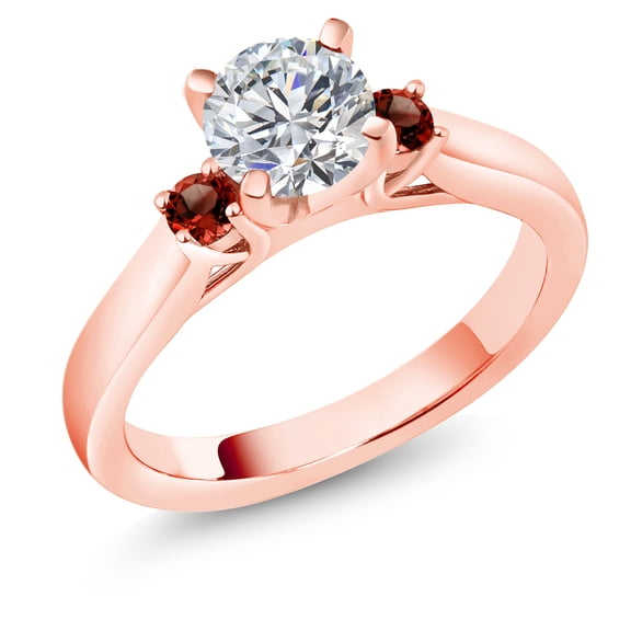 Gem Stone King 18K Rose Gold Plated Silver Lab Grown Diamond and Red Garnet Engagement Ring for Women | 0.88 Cttw | Round 6MM | Gemstone April Birthstone | Size 7