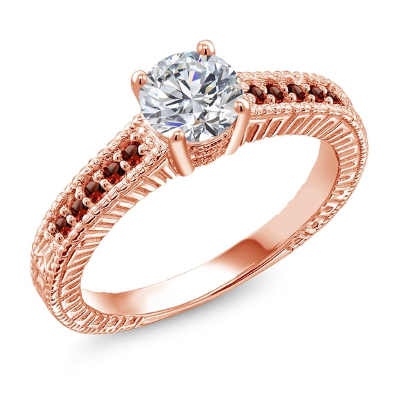 Gem Stone King 18K Rose Gold Plated Silver Lab Grown Diamond and Red Garnet Engagement Ring for Women | 0.94 Cttw | Round 6MM | Gemstone April Birthstone | Size 7