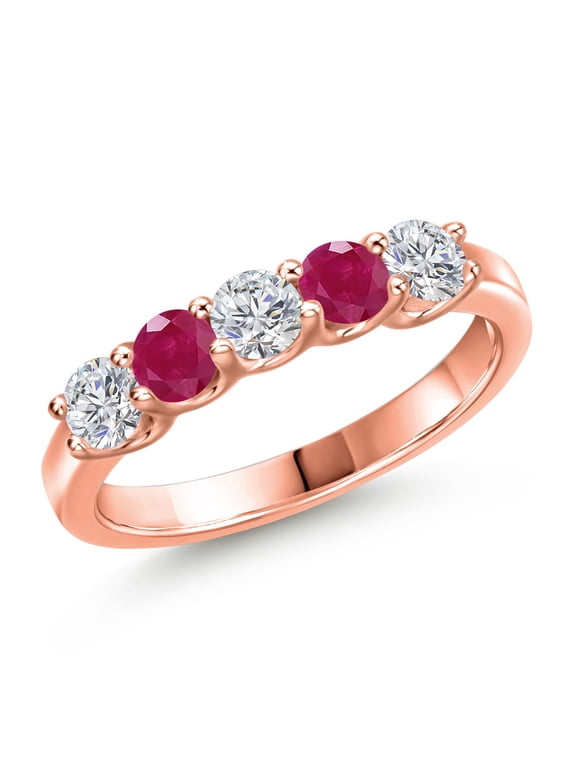 18K Rose Gold Plated Silver Lab Grown Diamond and Red Ruby Wedding-Bands Ring for Women | 1.01 Cttw | Round 3.5MM | Gemstone April Birthstone | Size 7