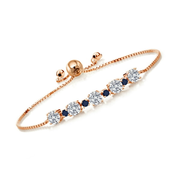 Gem Stone King 18K Rose Gold Plated Silver Lab Grown Diamond and Blue Sapphire Bracelet for Women | 2.74 Cttw | Gemstone April Birthstone | Round 5MM