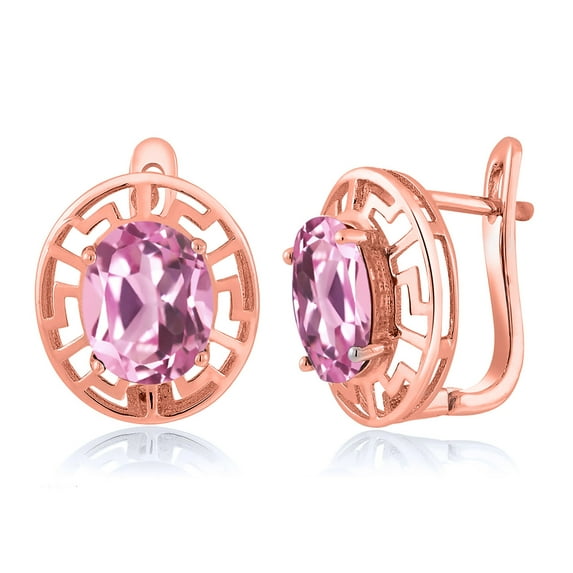 Gem Stone King 18K Rose Gold Plated Silver Light Pink Created Sapphire Greek Key Earrings for Women (6.00 Cttw, Gemstone September Birthstone, Oval 10X8MM)