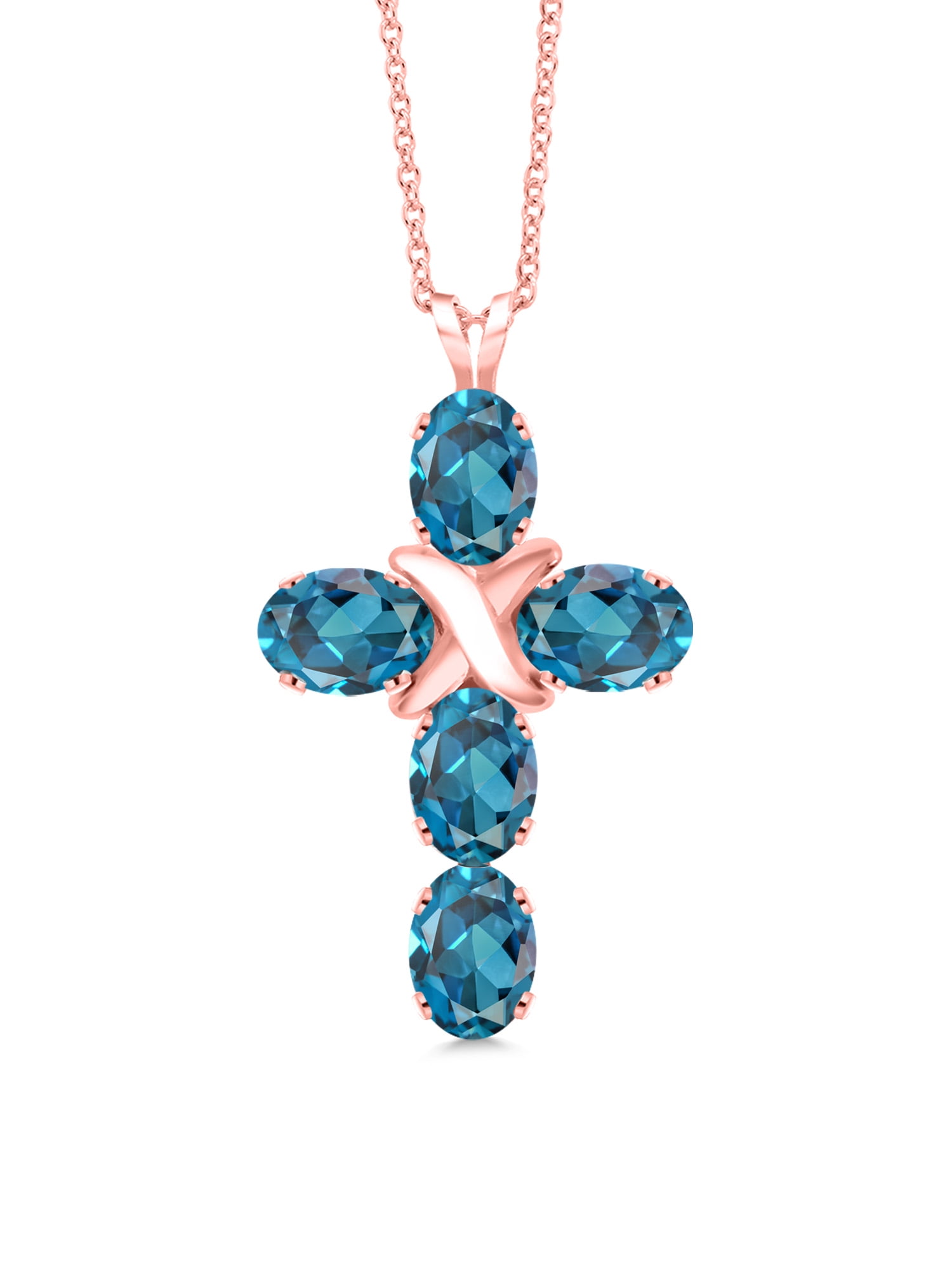Gem Stone King 18K Rose Gold Plated Silver London Blue Topaz Cross