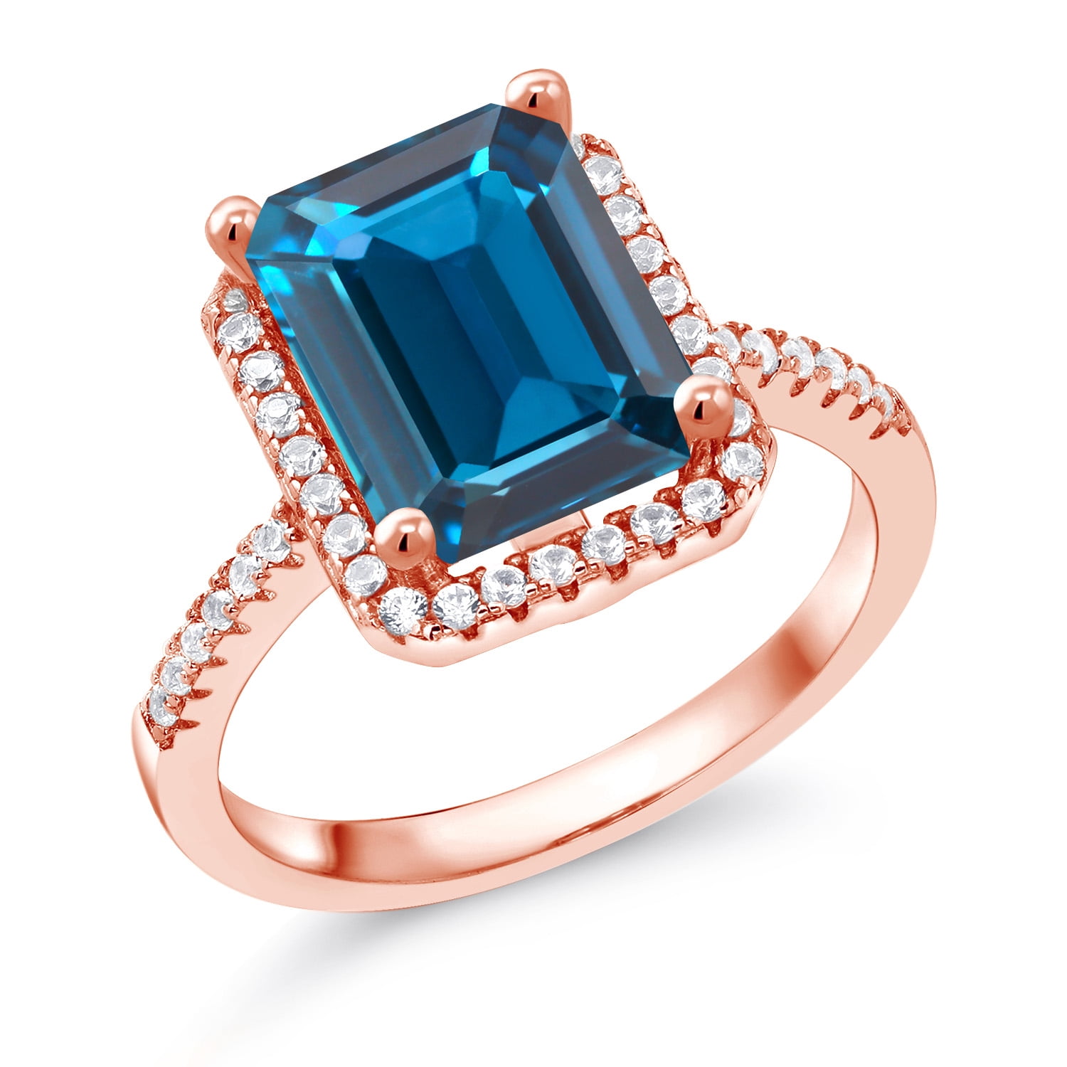 Gem Stone King 18K Rose Gold Plated Silver London Blue Topaz Engagement Ring for Women (4.36 Cttw, Emerald Cut 10X8MM, Gemstone November Birthstone, Size 7)