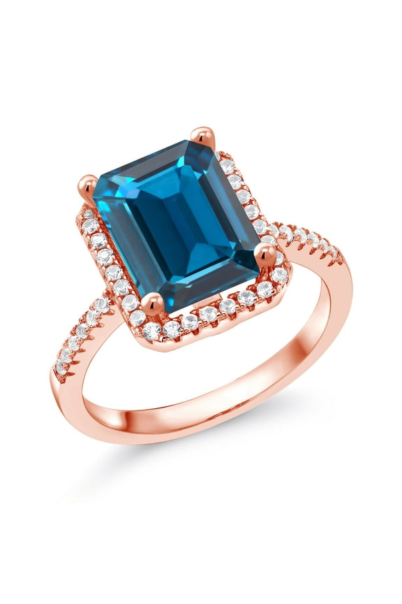 18K Rose Gold Plated Silver London Blue Topaz Engagement Ring for Women (4.36 Cttw, Emerald Cut 10X8MM, Gemstone November Birthstone, Size 7)