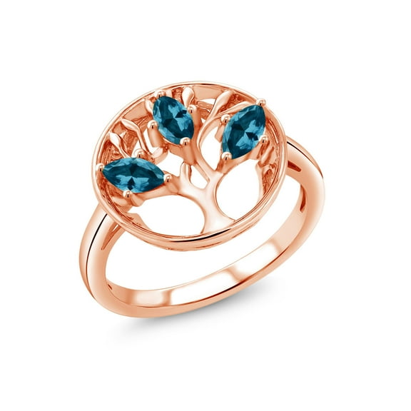 Gem Stone King 18K Rose Gold Plated Silver London Blue Topaz Family Tree of Life Ring for Women (0.90 Cttw, Gemstone November Birthstone, Size 6)
