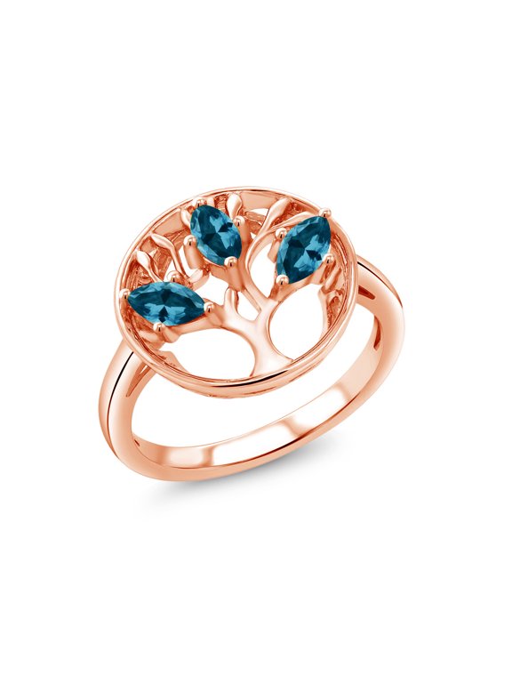 18K Rose Gold Plated Silver London Blue Topaz Family Tree of Life Ring for Women (0.90 Cttw, Gemstone November Birthstone, Size 8)
