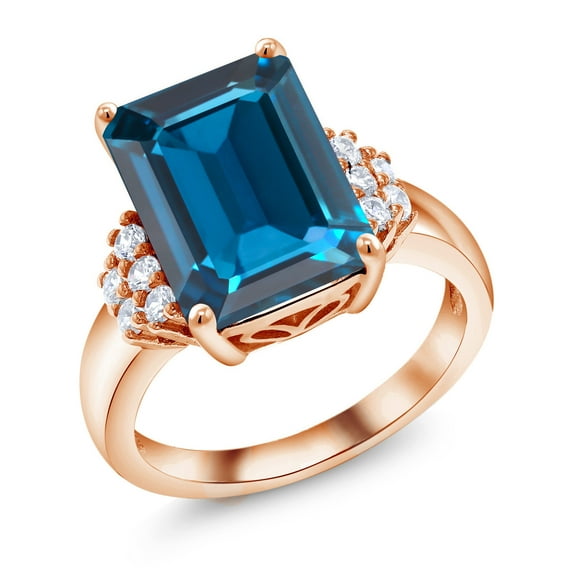 Gem Stone King 18K Rose Gold Plated Silver London Blue Topaz Ring for Women (9.80 Cttw, Gemstone November Birthstone, Emerald Cut 14X10MM, Available in Size 5, 6, 7, 8, 9)