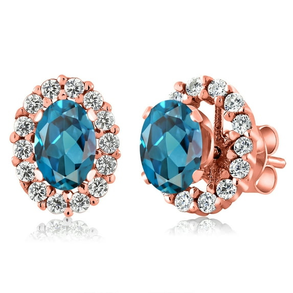 Gem Stone King 18K Rose Gold Plated Silver London Blue Topaz Stud Earrings with Removable Jackets for Women (1.56 Cttw, Gemstone November Birthstone, Oval 6X4MM)