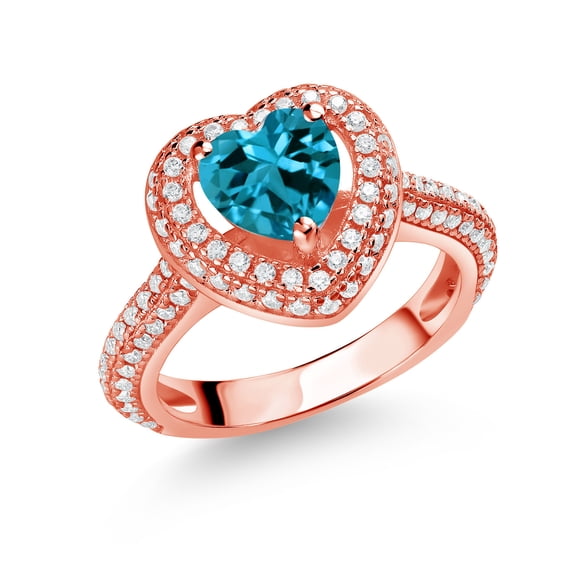 Gem Stone King 18K Rose Gold Plated Silver London Blue Topaz and White Moissanite Heart Shape Ring for Women (1.57 Cttw, Size 9)