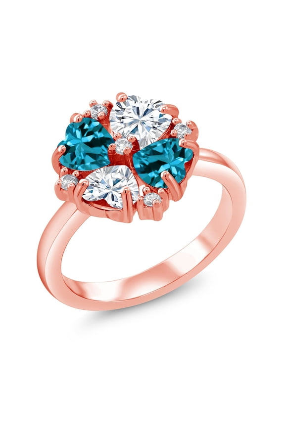 18K Rose Gold Plated Silver London Blue Topaz and White Moissanite Ring for Women (2.02 Cttw, Heart Shape 5MM, Gemstone November Birthstone, Size 6)