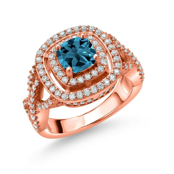 Gem Stone King 18K Rose Gold Plated Silver London Blue Topaz and White Moissanite Ring for Women (2.09 Cttw, Gemstone Birthstone, Cushion Cut 6MM, Available in Size 5, 6, 7, 8, 9)