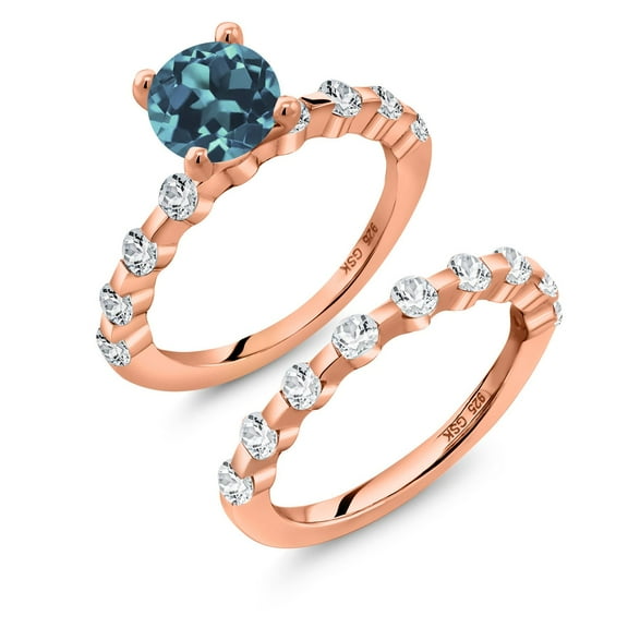 Gem Stone King 18K Rose Gold Plated Silver London Blue Topaz and White Topaz Wedding Engagement Ring Band Bridal Set for Women (3.06 Cttw, Gemstone November Birthstone, Round 7MM, Size 8)