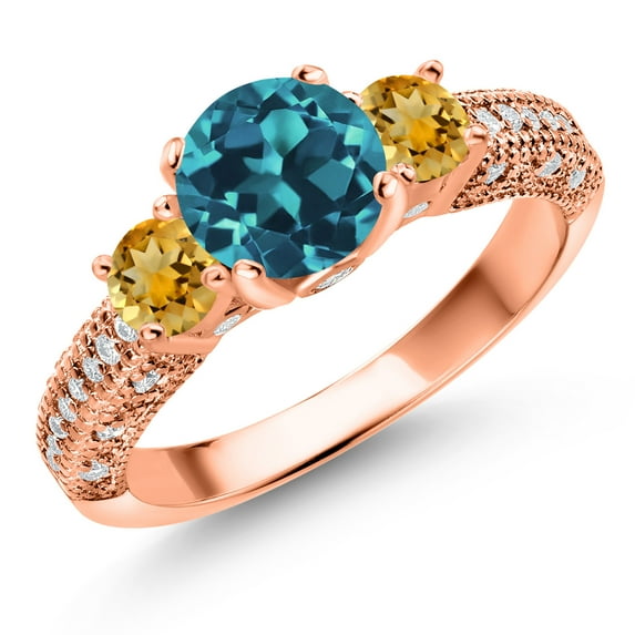 Gem Stone King 18K Rose Gold Plated Silver London Blue Topaz Yellow Citrine and White Moissanite Engagement Ring for Women (2.29 Cttw, Gemstone November Birthstone, Round 7MM and 4MM, Size 6)