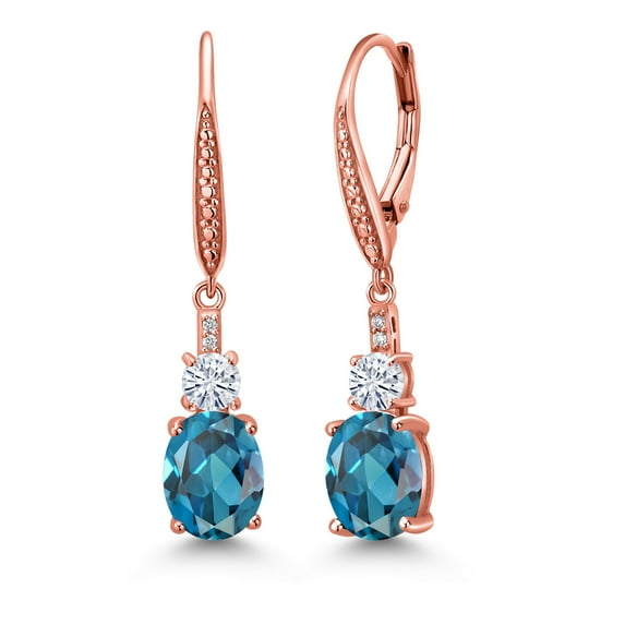 Gem Stone King 18K Rose Gold Plated Silver London Blue Topaz and Moissanite Dangle Earrings for Women with Lab Grown Diamond (4.99 Cttw, Oval 9X7MM)