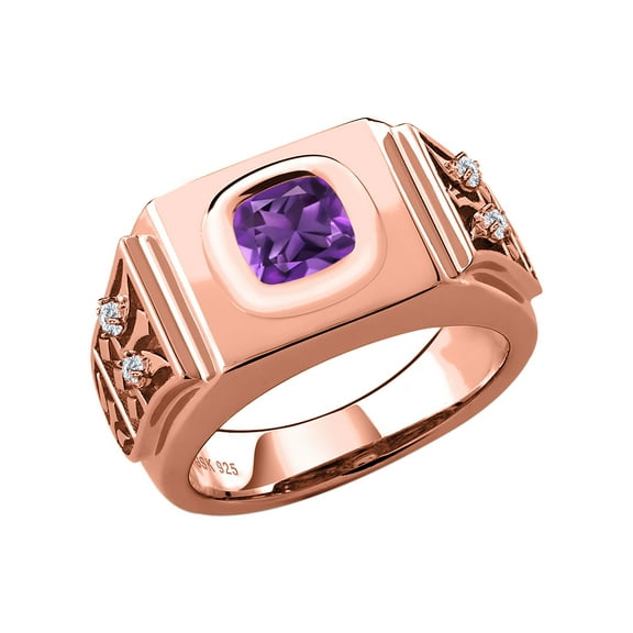 Gem Stone King 18K Rose Gold Plated Silver Men's Ring Cushion Purple Amethyst and Moissanite (2.13 Cttw, Size 10)
