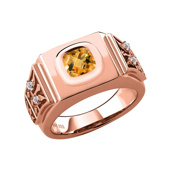 Gem Stone King 18K Rose Gold Plated Silver Men's Ring Cushion Checkerboard Yellow Citrine and Moissanite (2.03 Cttw, Size 11)