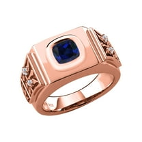 Gem Stone King 18K Rose Gold Plated Silver Men's Ring Cushion Blue Created Sapphire and Moissanite (2.53 Cttw, Size 11)