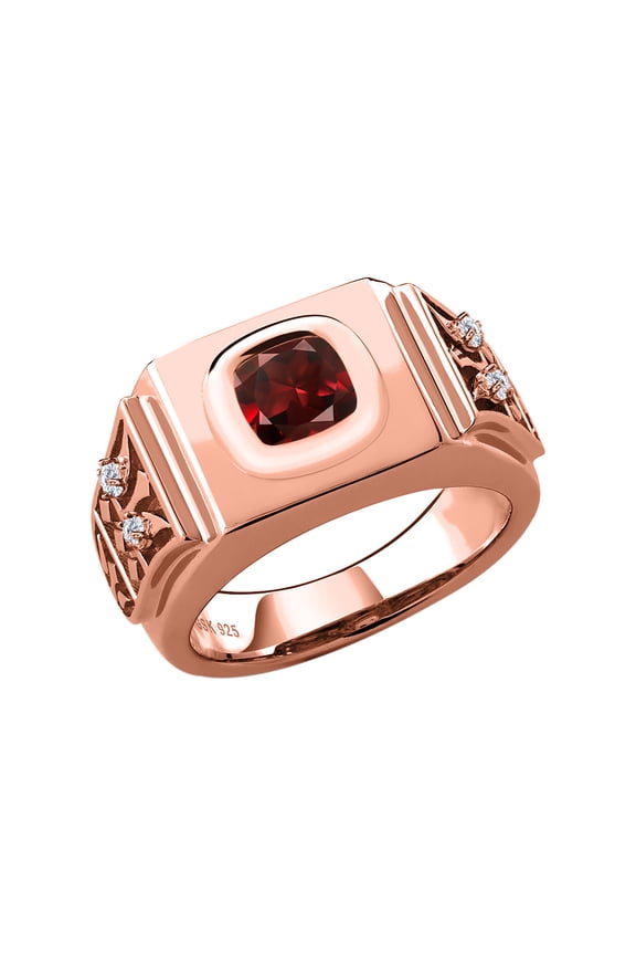 18K Rose Gold Plated Silver Men's Ring Cushion Red Garnet and Moissanite (2.63 Cttw, Size 10)