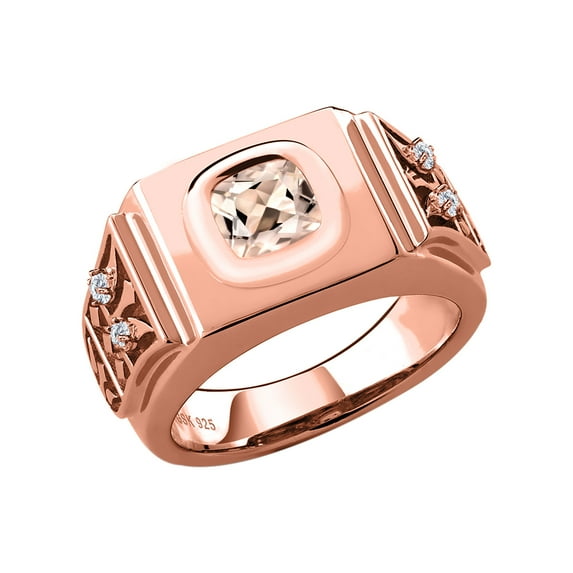 Gem Stone King 18K Rose Gold Plated Silver Men's Ring Cushion Peach Morganite and Moissanite (1.91 Cttw, Size 8)