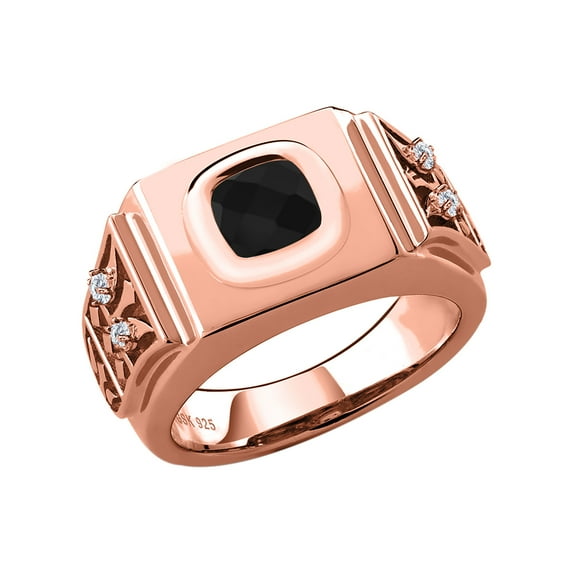 Gem Stone King 18K Rose Gold Plated Silver Men's Ring Cushion Checkerboard Black Onyx and Moissanite (2.14 Cttw, Size 13)