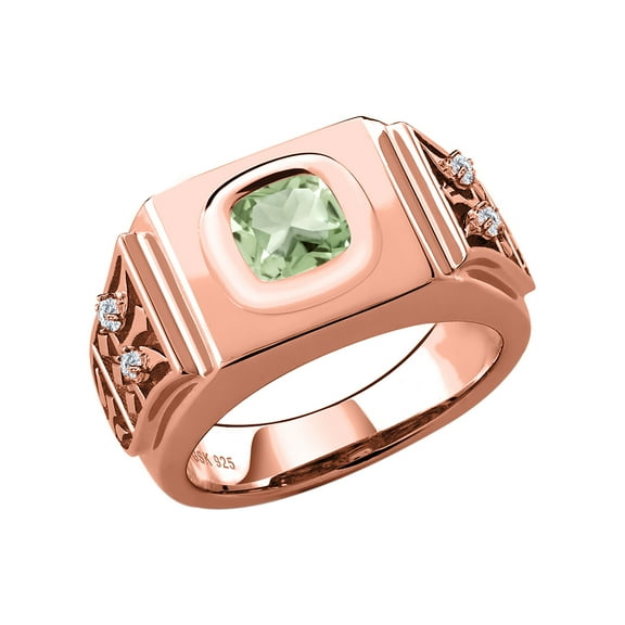Gem Stone King 18K Rose Gold Plated Silver 8MM Cushion Green Prasiolite and Moissanite Ring for Men | 2.08 Cttw | (Size 11)