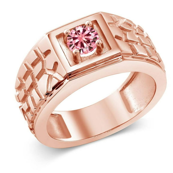 Gem Stone King 18K Rose Gold Plated Silver Men's Ring Round Pink Moissanite 0.50cttw (Size 7)