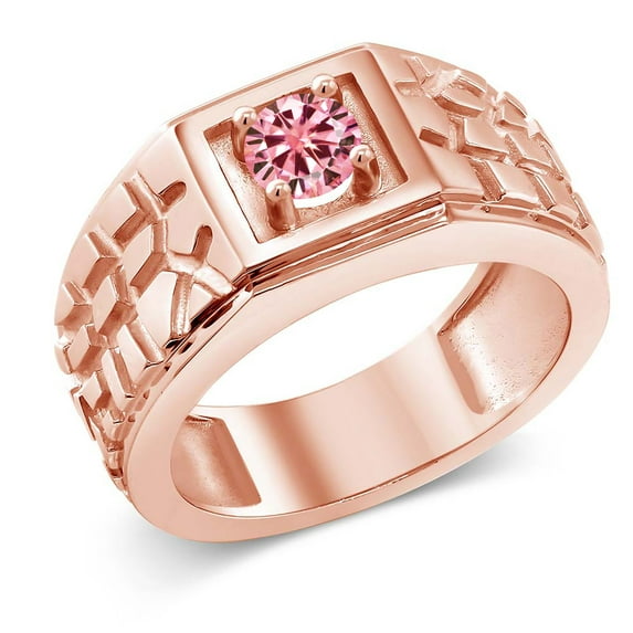 Gem Stone King 18K Rose Gold Plated Silver Men's Ring Round Pink Moissanite 0.50cttw (Size 11)