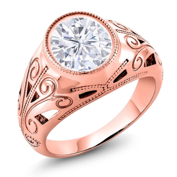 Gem Stone King 18K Rose Gold Plated Silver Men's Solitaire Ring Oval Moissanite (5.15 Cttw)