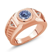 Gem Stone King 18K Rose Gold Plated Silver Men's Solitaire Ring Round Persian Blue Moissanite and Diamond White 1.93cttw