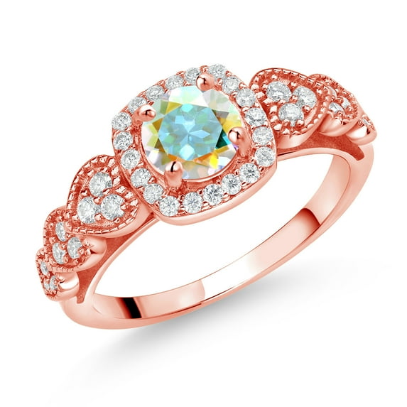 Gem Stone King 18K Rose Gold Plated Silver Mercury Mist Mystic Topaz and White Moissanite Engagement Ring for Women (1.38 Cttw, Round 6MM, Gemstone Birthstone, Size 8)
