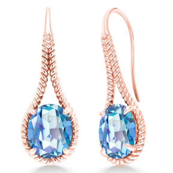 Gem Stone King 18K Rose Gold Plated Silver Millennium Blue Mystic Quartz Drop Dangle Earrings for Women | 8.00 Cttw | Gemstone Birthstone | Oval 12X10MM | 1.18 inch