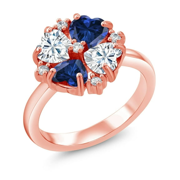 Gem Stone King 18K Rose Gold Plated Silver Moissanite and Blue Created Sapphire Ring for Women (2.08 Cttw, Heart Shape 5MM, Gemstone Birthstone, Size 6)