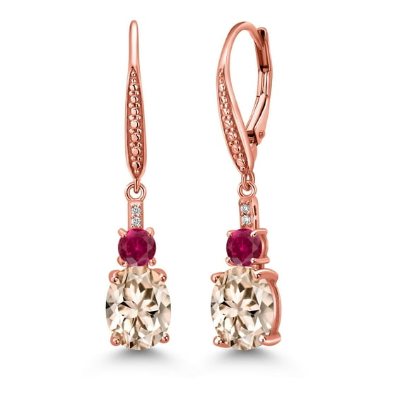 Gem Stone King 18K Rose Gold Plated Silver Morganite Peach and Red Created Ruby Dangle Earrings for Women with Lab Grown Diamond (3.73 Cttw, Oval 9X7MM)